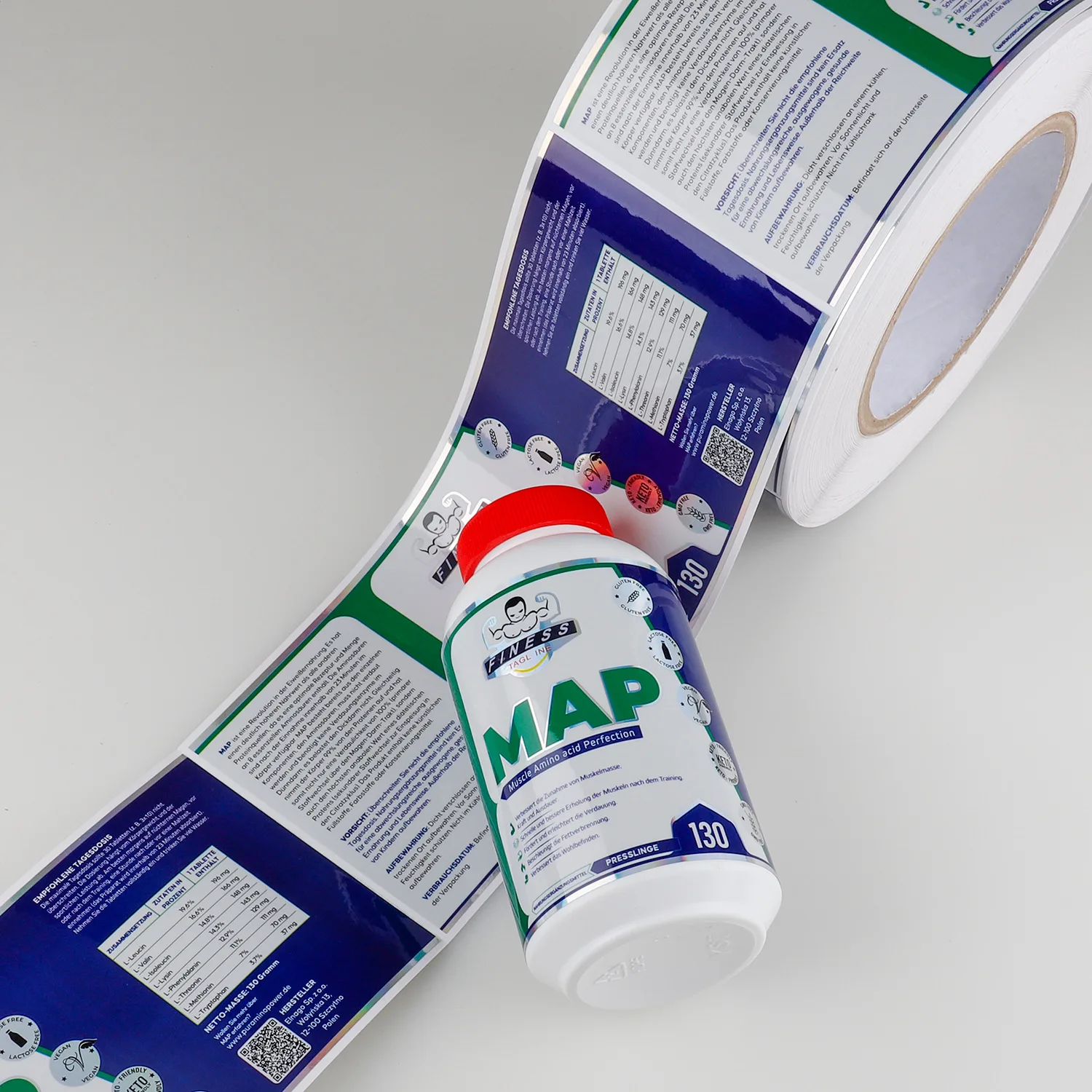 Holographic self adhesive nutraceutical supplement label printed on the roll by Labelex