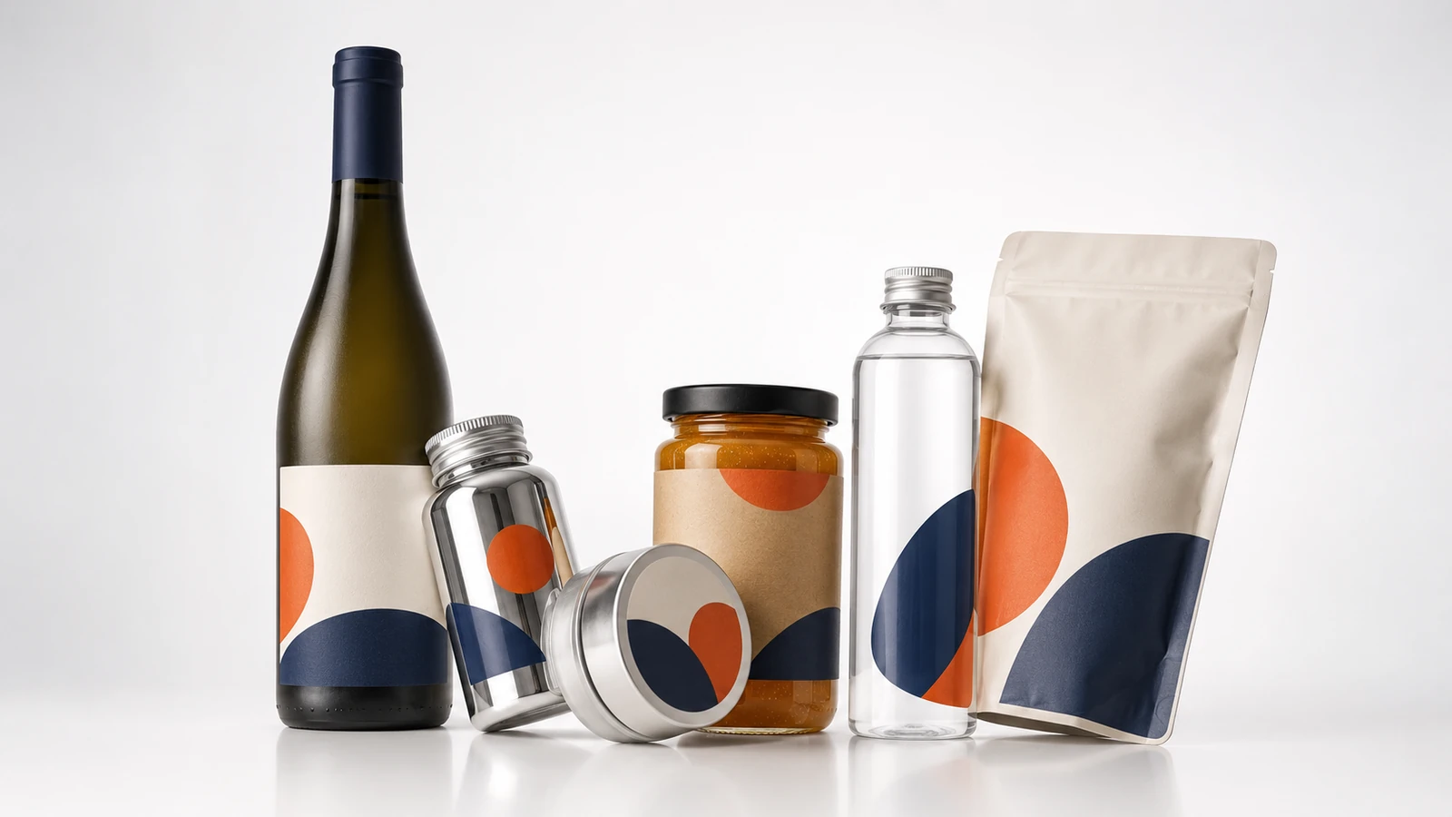 Self adhesive sticker labels applied across a wine bottle, supplement bottle, honey jar, cosmetic tin and kraft stand-up pouch — the Labelex adhesive label range