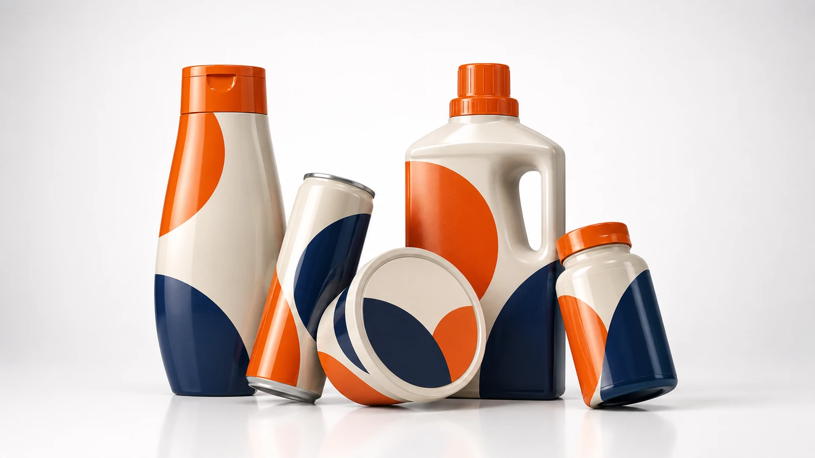 Full body heat shrink sleeve labels with 360 degree wraparound coverage on a contoured bottle, slim can, square jug and cylindrical container — the Labelex heat shrink sleeve range